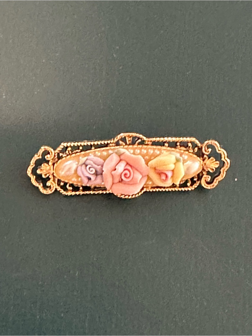 1928 Floral Porcelain Rose Bar Brooch in Pink and Pastel Hues